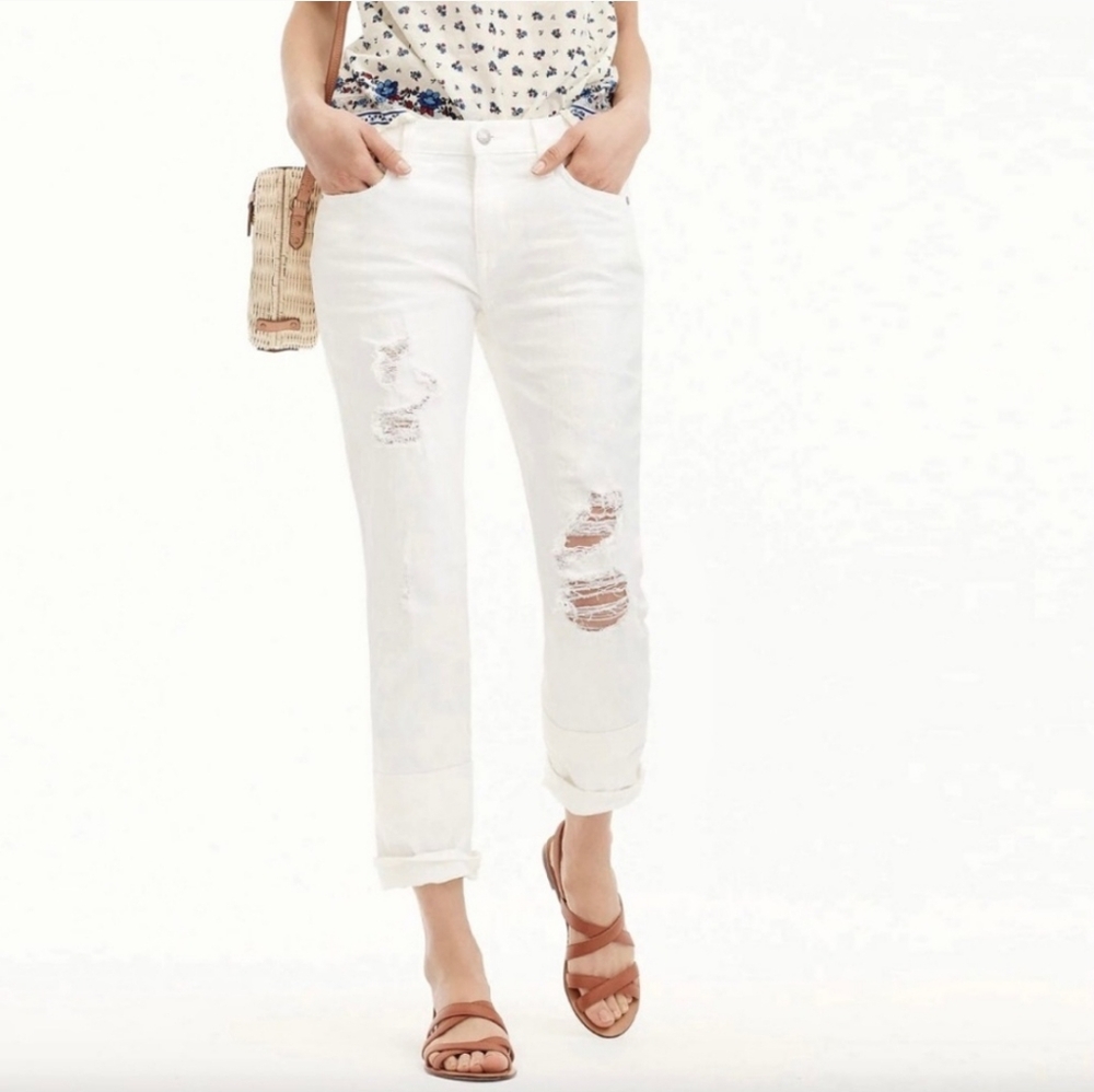 J. Crew Slim Boyfriend Distressed White Jeans